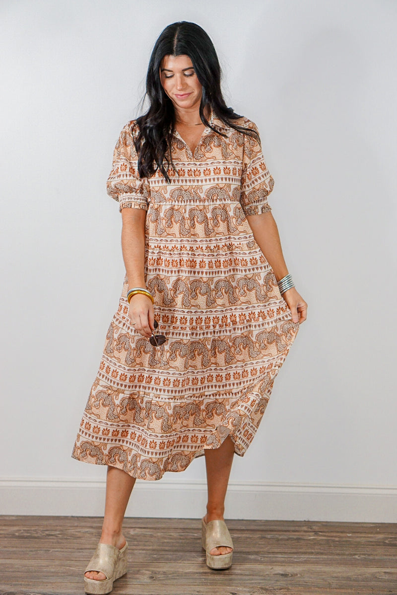 umgee trending safari print linen midi dress