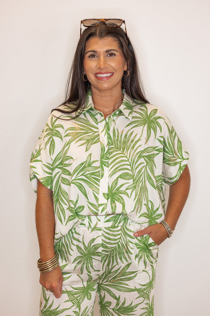 umgee palm leaf printed matching top pants set