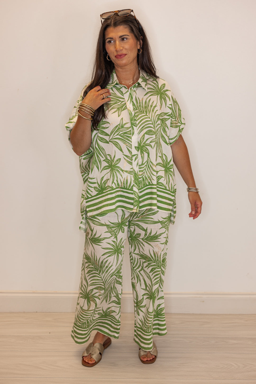 umgee palm leaf printed oversized button down top