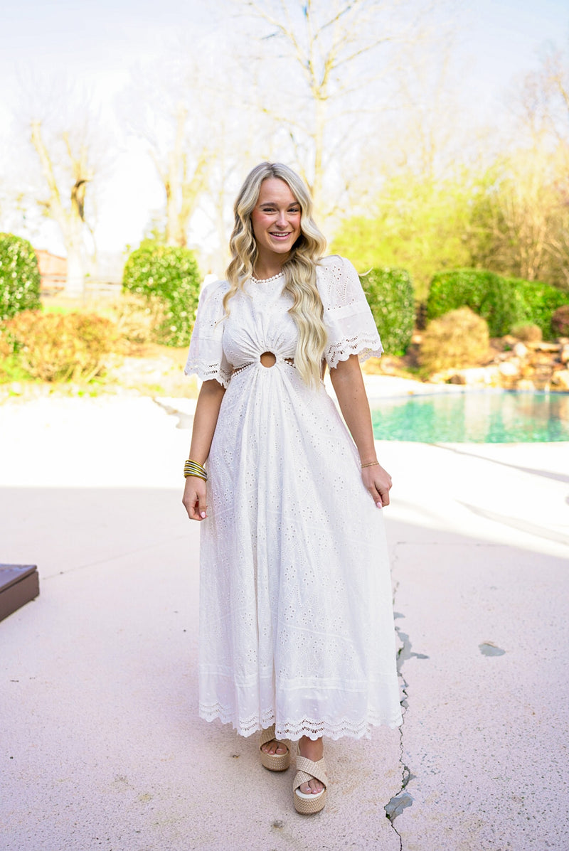 white crochet eyelet bridal shower dress