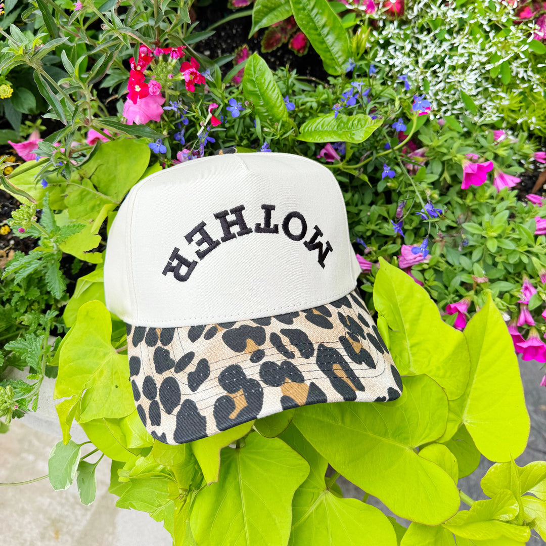Women's ivory upside down "Mother" trucker hat with animal print bill by Pine And Poppy