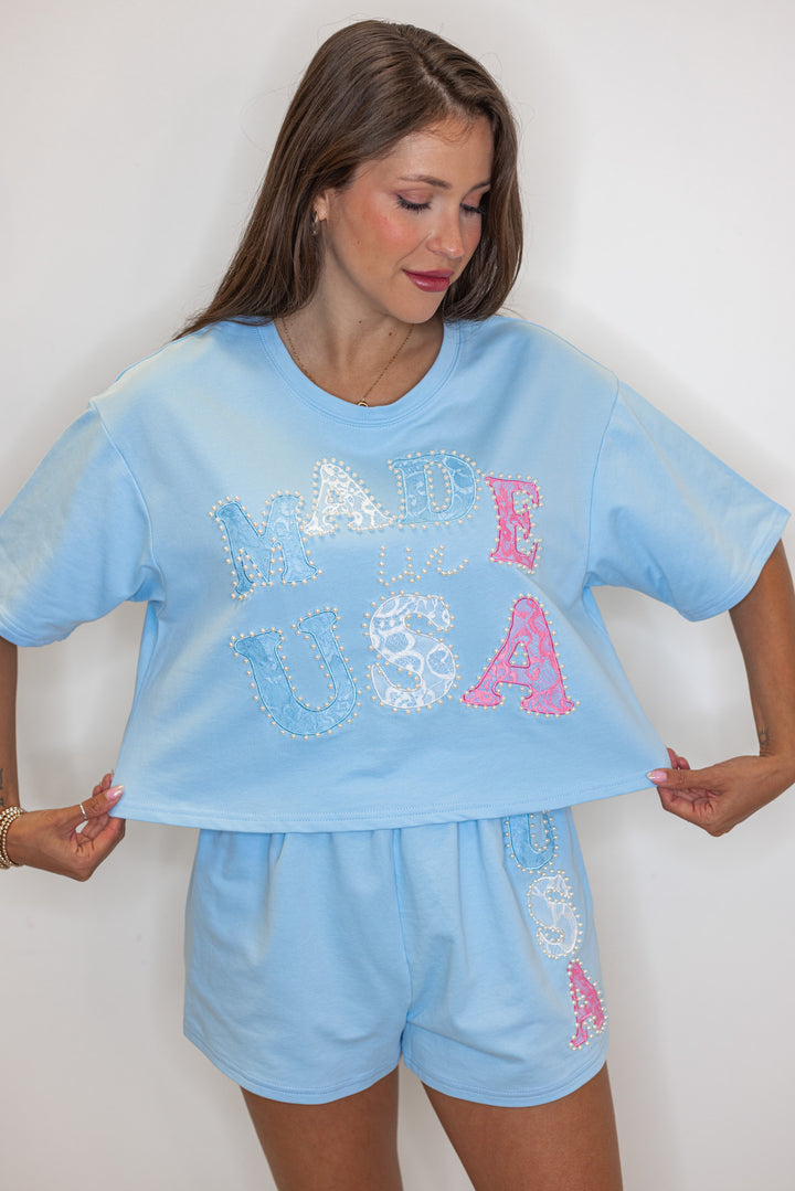 cotton usa pearl detail cropped tee shirt