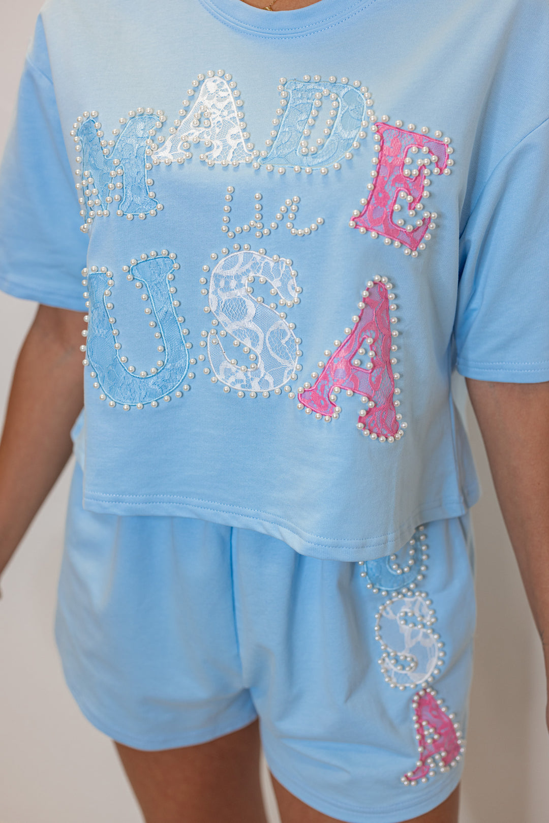 cotton usa pearl detail cropped tee shirt