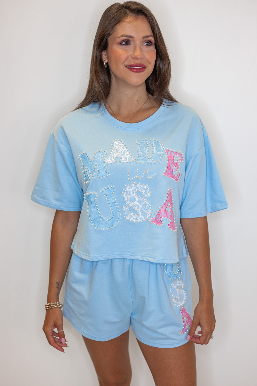 cotton usa pearl detail cropped tee shirt