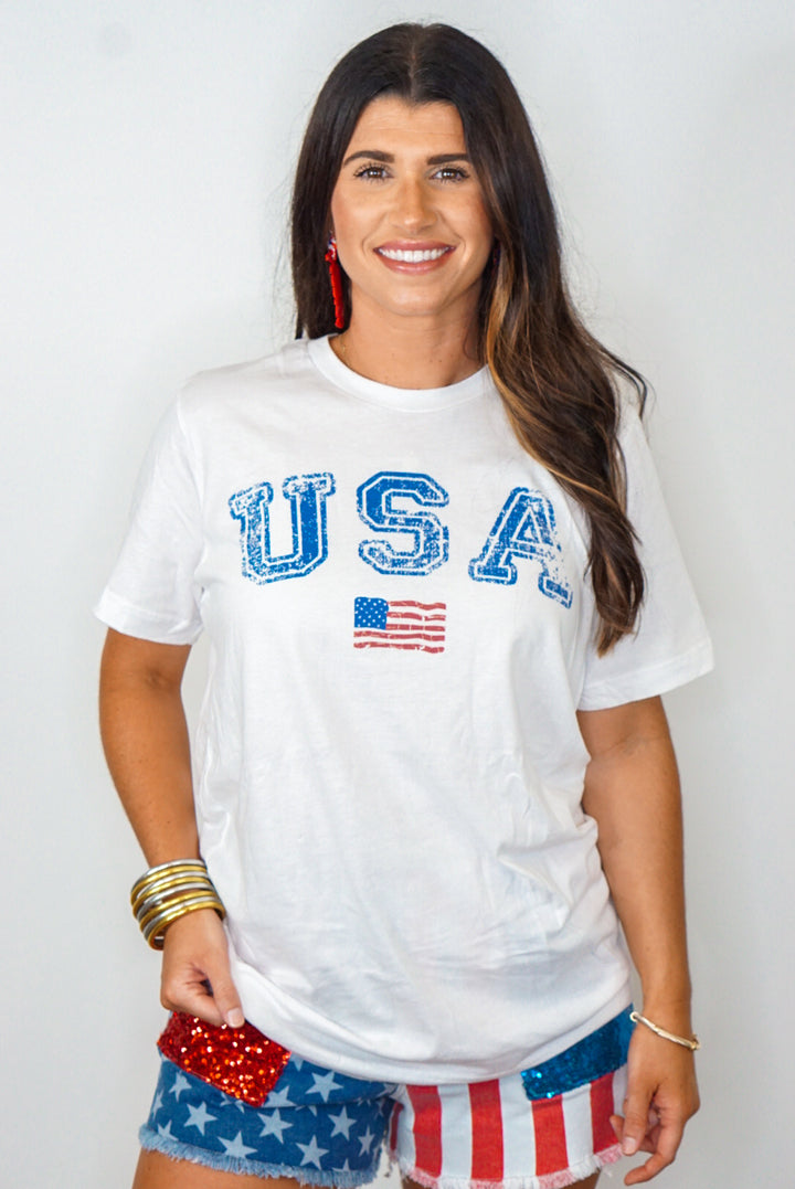usa flag white graphic tee womens