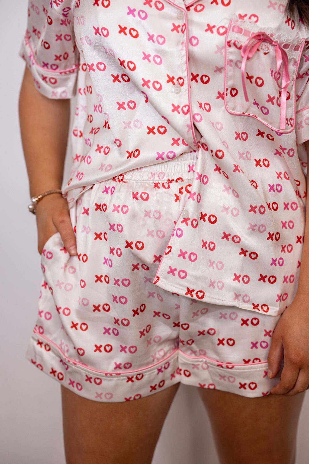 pink red xoxo satin pajama set