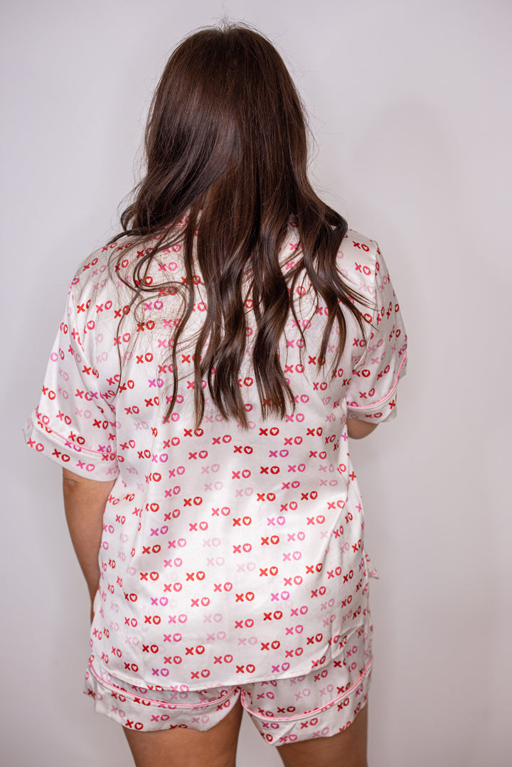 pink red xoxo satin pajama set