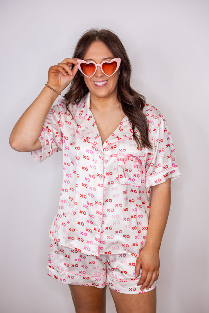 pink red xoxo satin pajama set