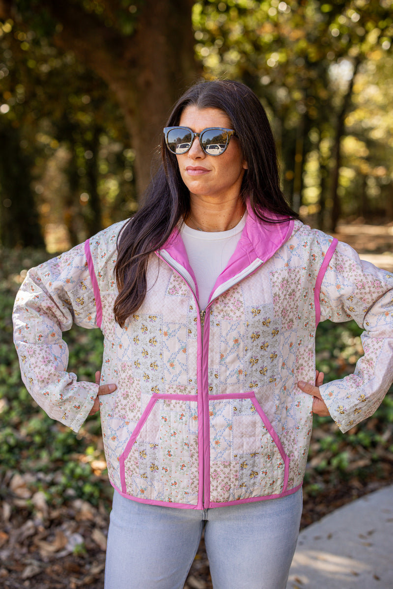 pink ivory floral quilted zip jacket