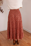 rust floral boho smocked midi skirt