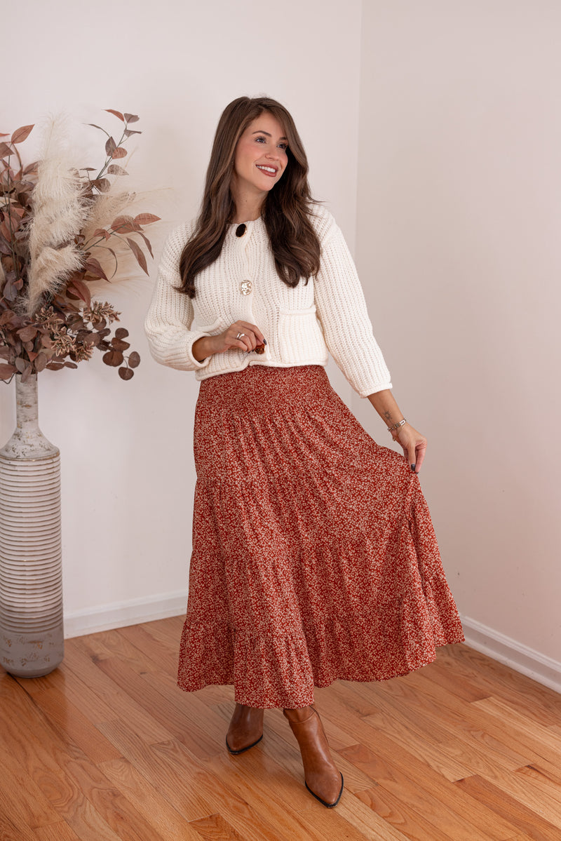 rust floral boho smocked midi skirt