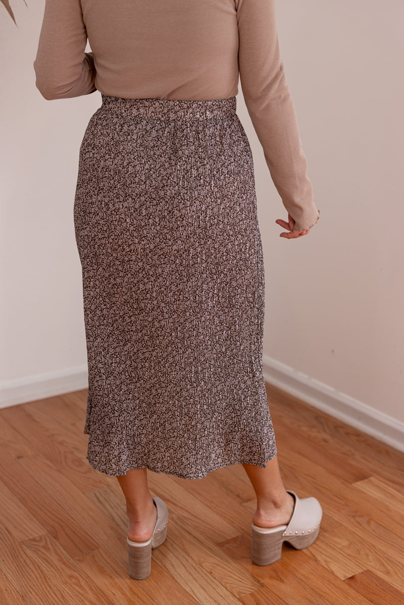 brown floral elastic waist midi skirt