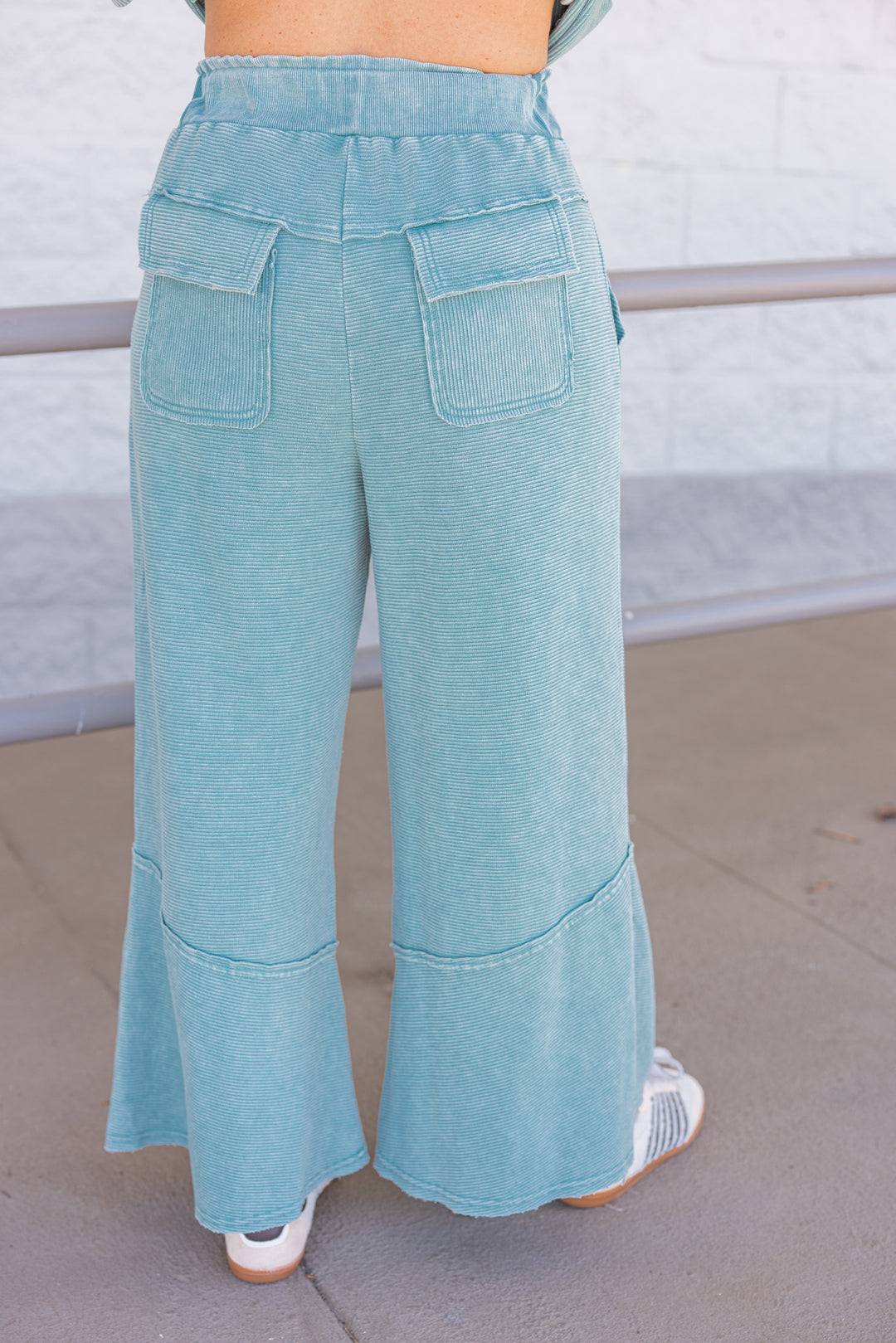 Women's mineral washed teal ribbed knit pants by Easel showing back view