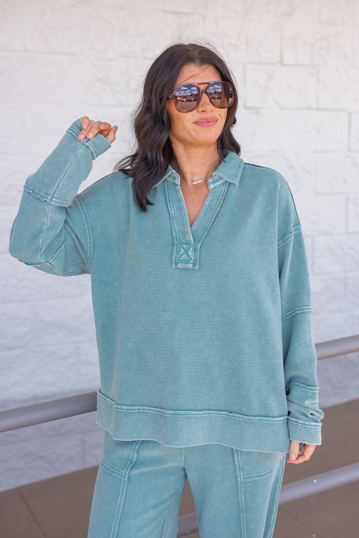 Women's washed teal ribbed knit top by Easel