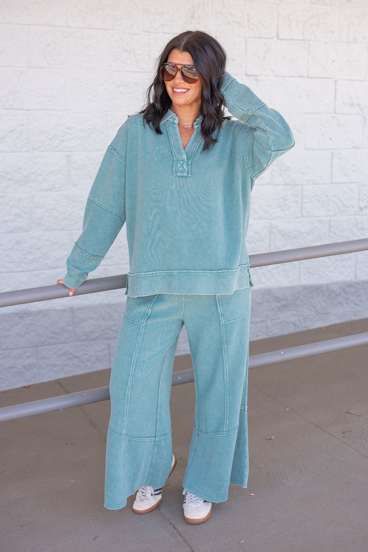 Women's washed teal ribbed knit top by Easel shown with matching pants