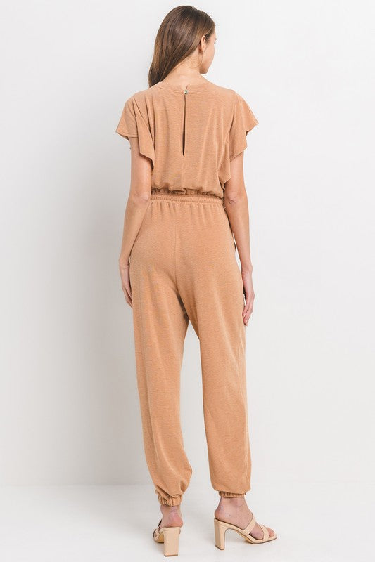 Ces Femme Mineral washed amber french terry knit flutter sleeve jumpsuit with elastic waist
