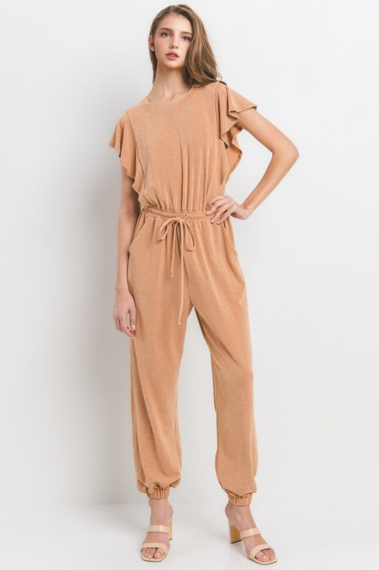 Ces Femme Mineral washed amber french terry knit flutter sleeve jumpsuit with elastic waist