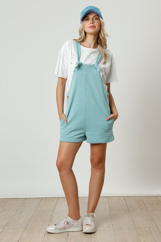 Fantastic Fawn Mineral washed aqua blue french terry knit overall shorts