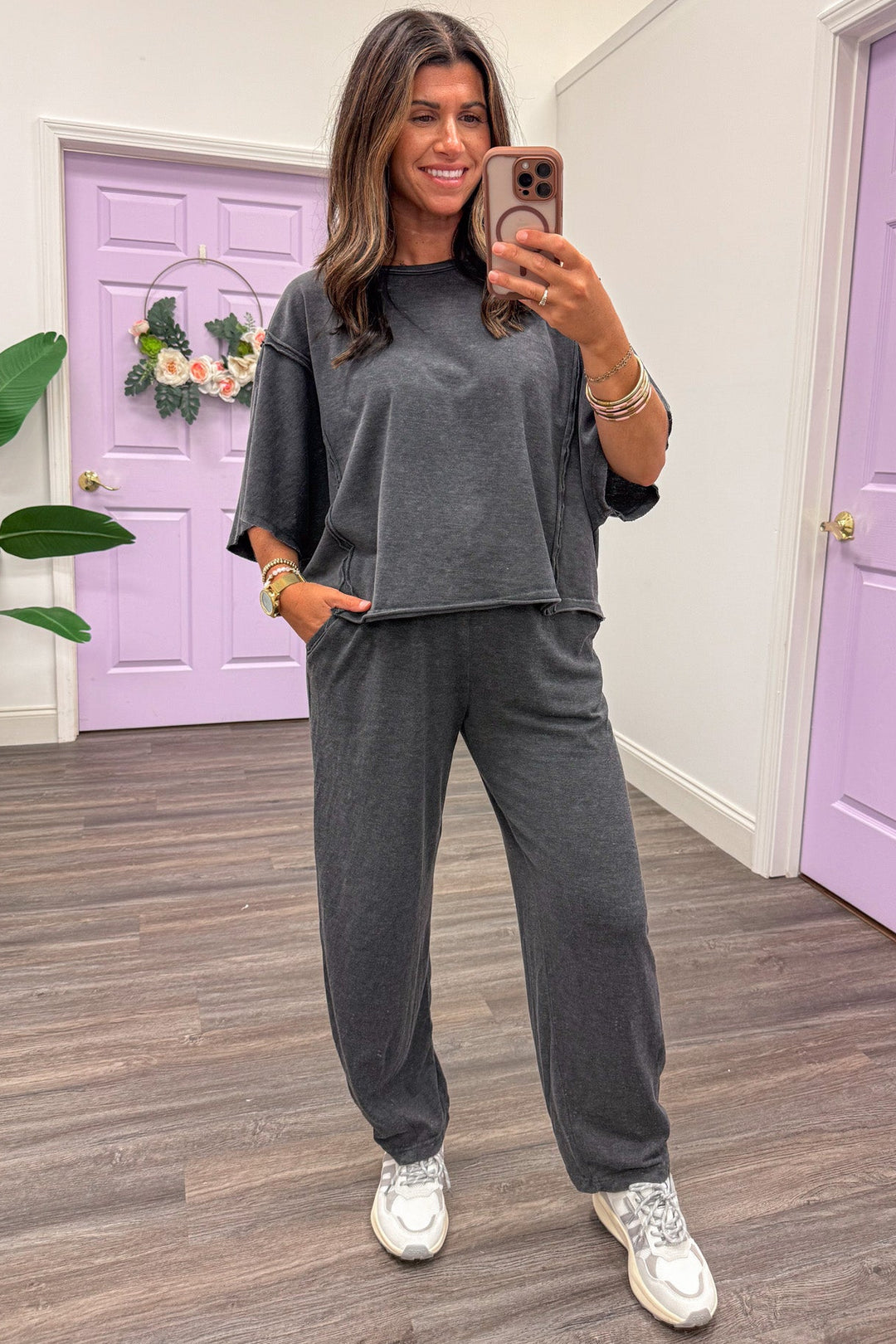 solid mineral washed black relaxed fit barrel leg semi-cropped knit loungewear pants