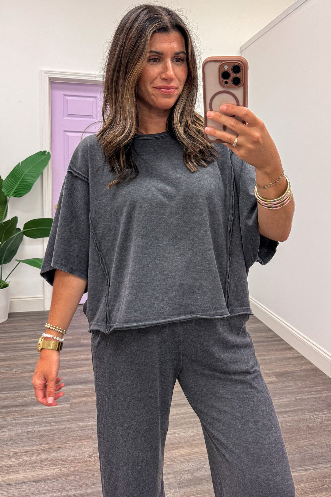 solid mineral washed black short sleeve boxy fit knit loungewear top