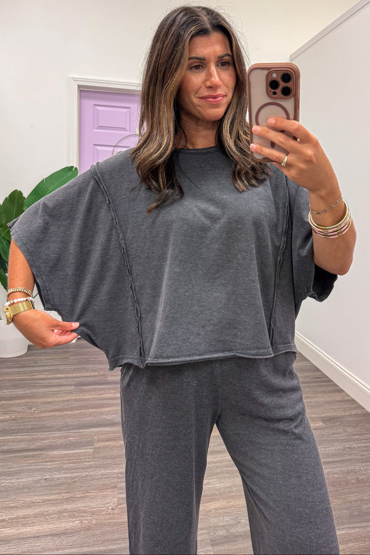 solid mineral washed black short sleeve relaxed silhouette boxy fit knit loungewear top