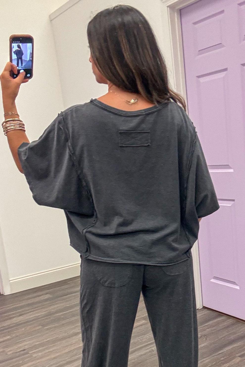 solid mineral washed black short sleeve boxy fit knit loungewear top with contrast seam details