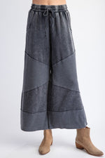 Easel Washed black terry knit wide leg cropped pants with waffle knit patch details