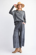 Easel Washed black terry knit wide leg cropped pants with waffle knit patch details