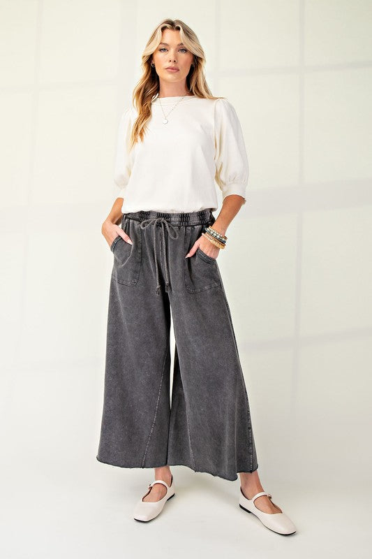 Mineral washed black french terry knit wide leg cropped pants