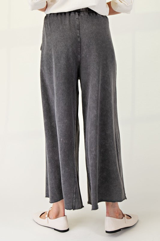 Mineral washed black french terry knit wide leg cropped pants