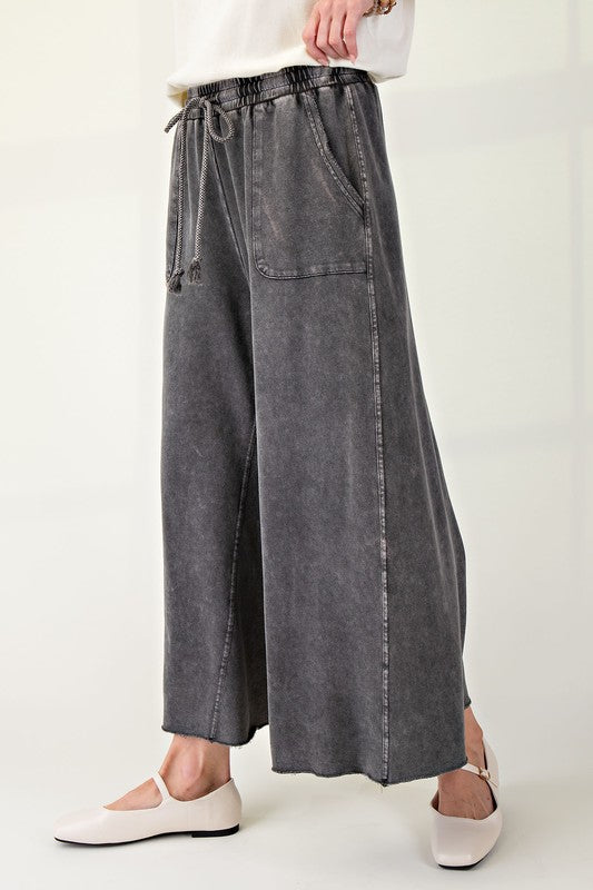 Easel Mineral washed black french terry knit wide leg cropped pants