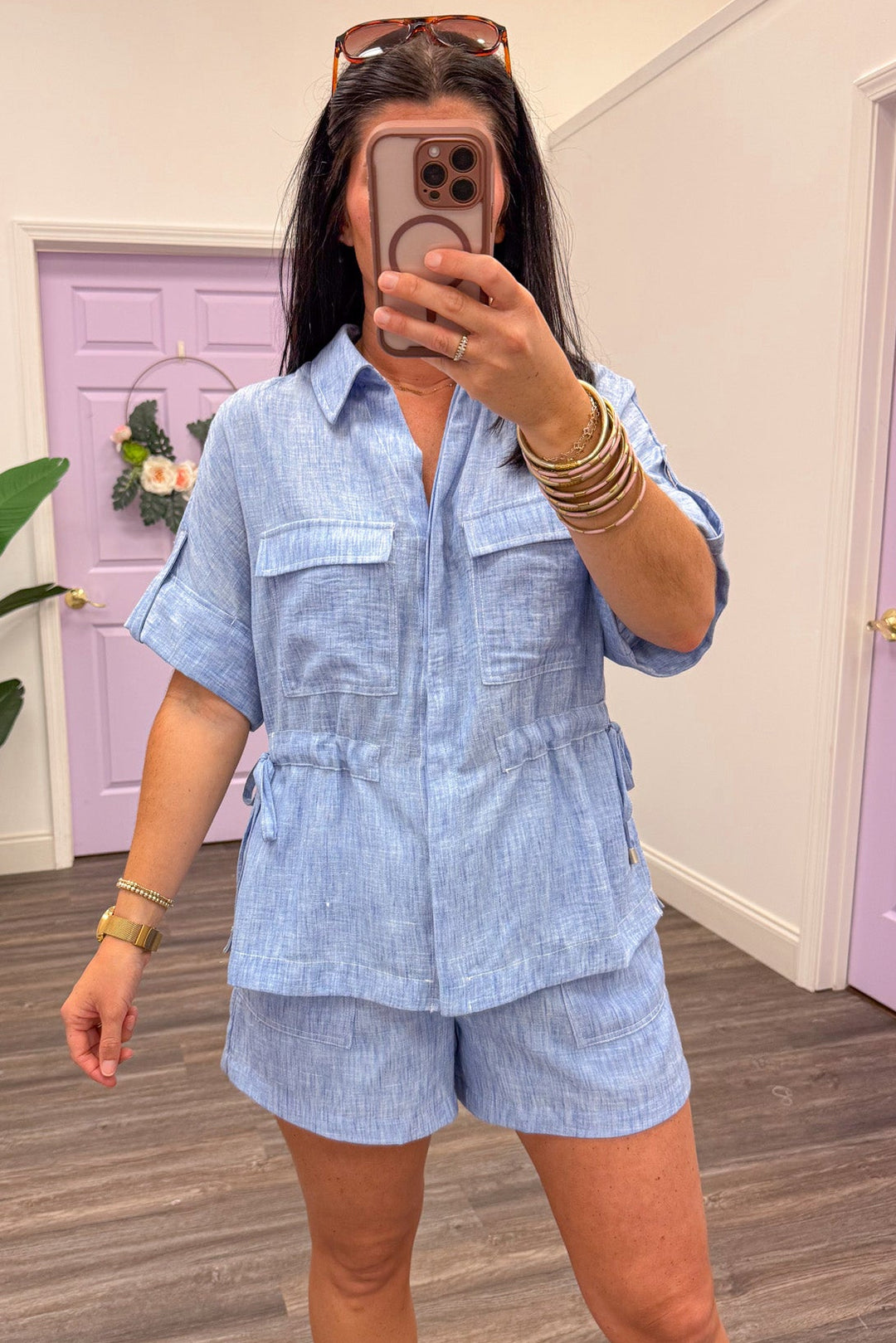 washed blue chambray cinch waist button down short sleeve top