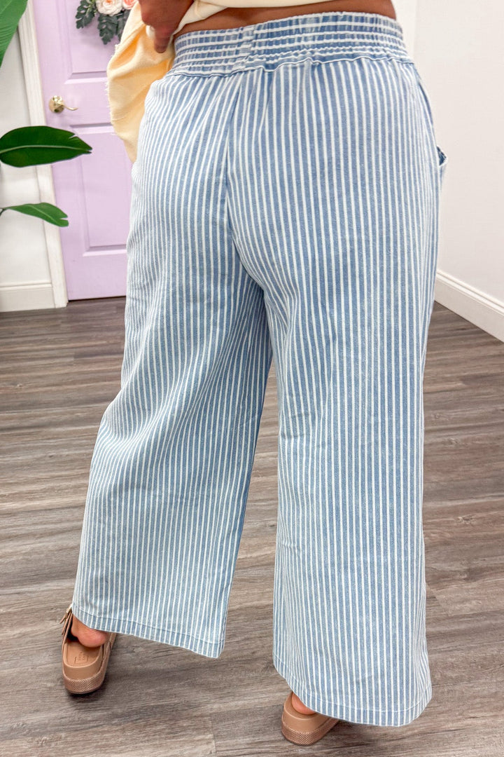 washed light blue and white striped wide leg wide elastic waist twill pants