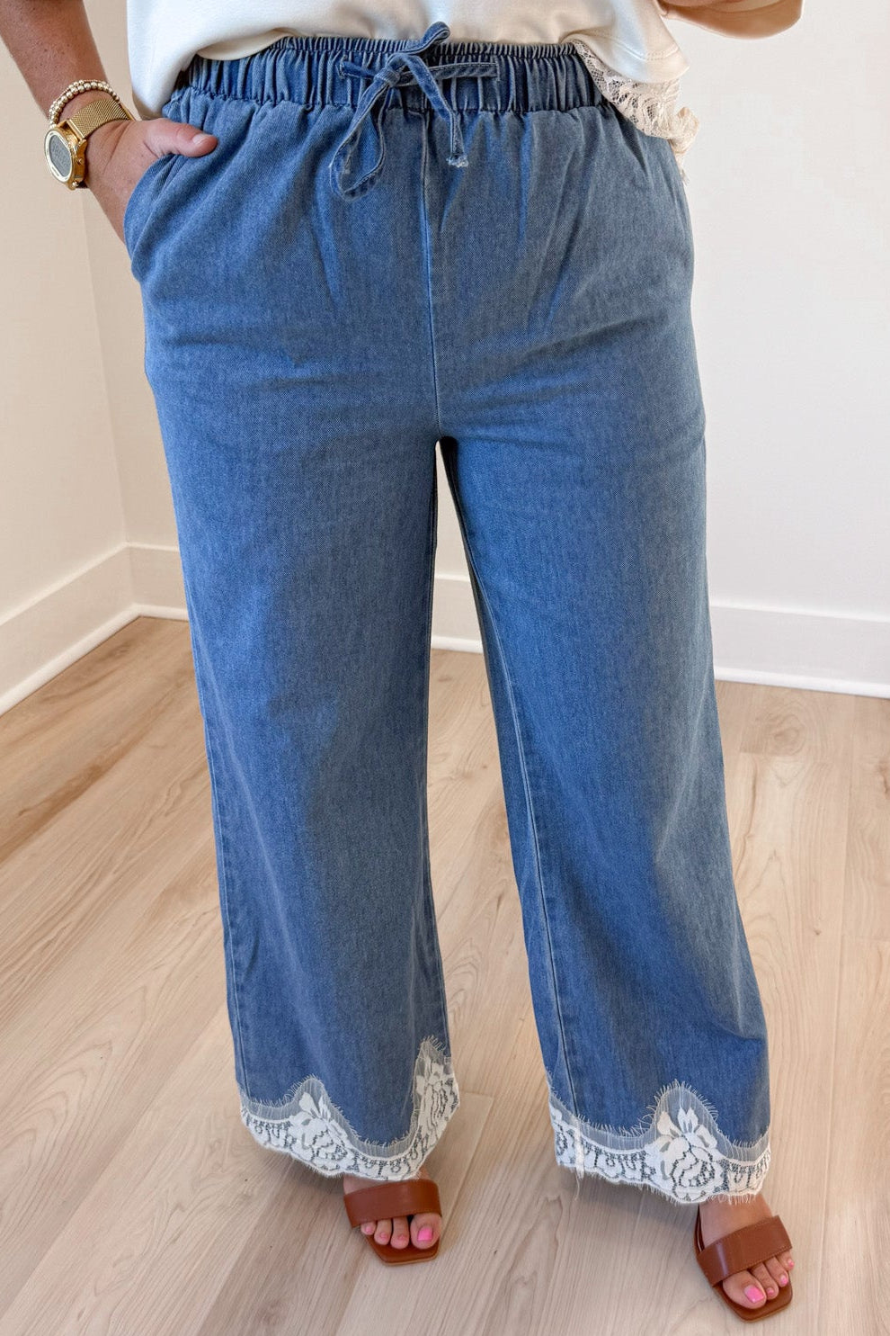 washed blue with white lace trimmed hem wide leg drawstring elastic waist denim pants