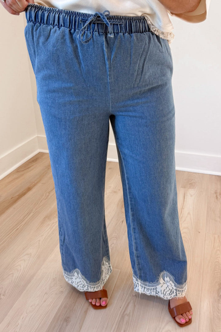 washed blue with white scalloped lace hem wide leg elastic waist denim pants