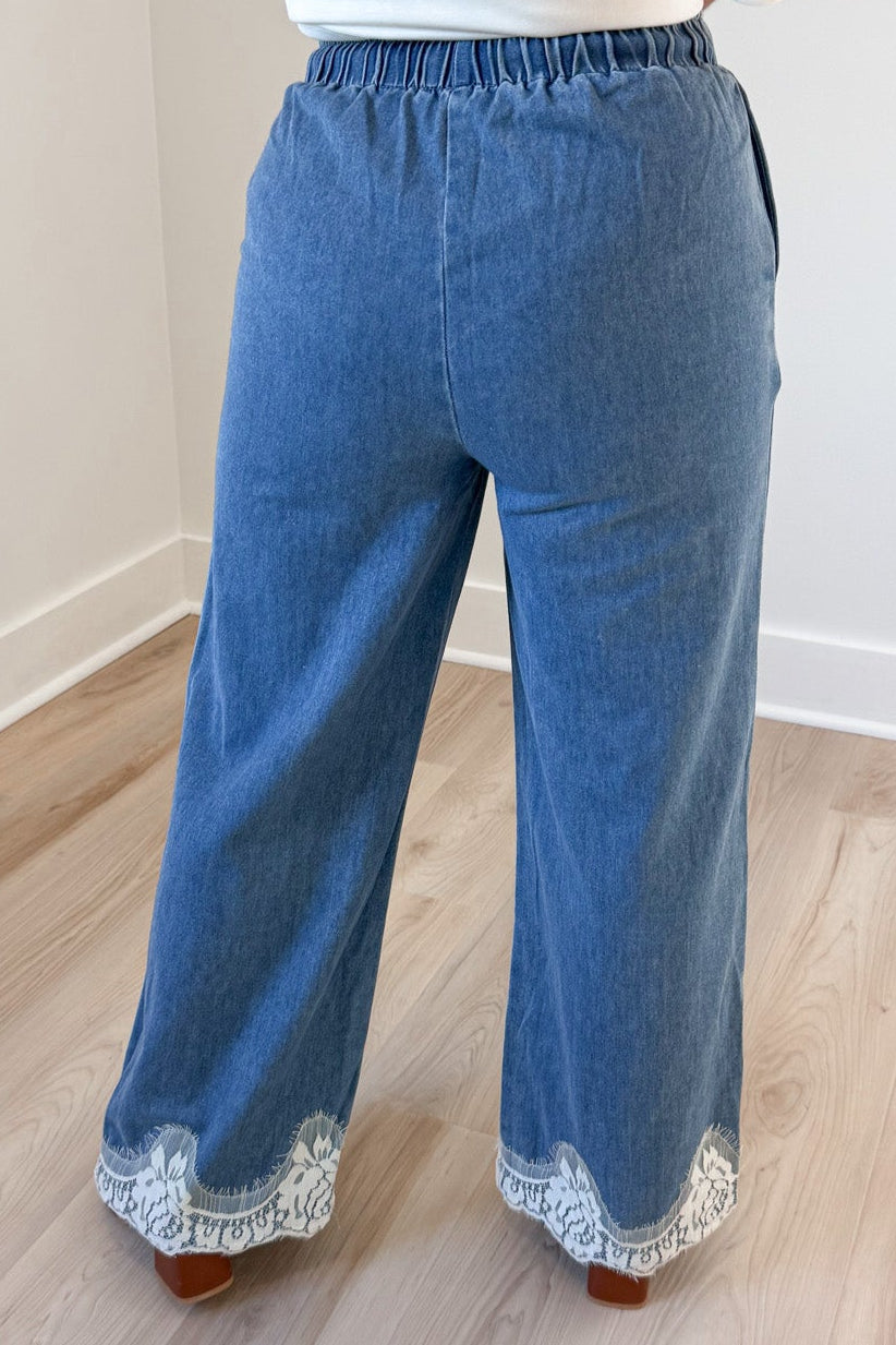 washed blue with white lace trimmed hem wide leg elastic waist twill denim pants