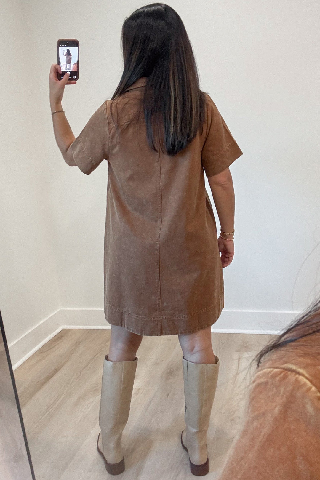 solid washed caramel short sleeve collared v neckline lightweight twill denim short dress