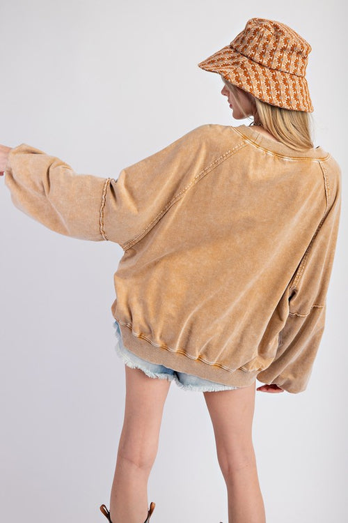 Easel Mineral washed caramel terry knit pullover top with raw seam details