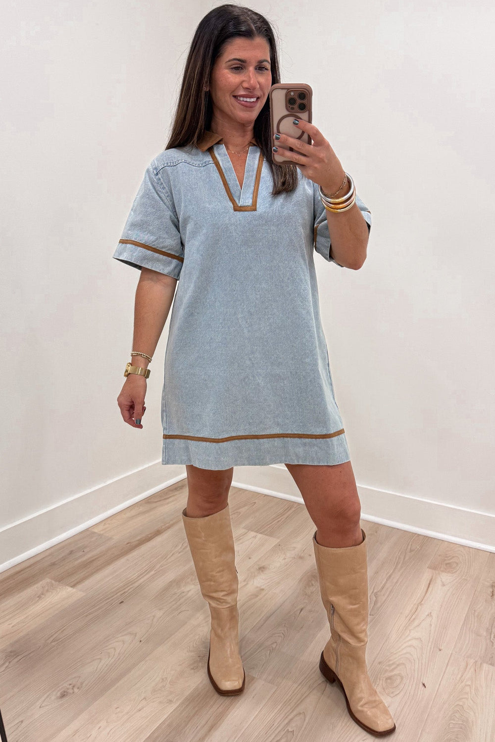 washed blue denim with brown corduroy trim short sleeve collared v neckline short dress