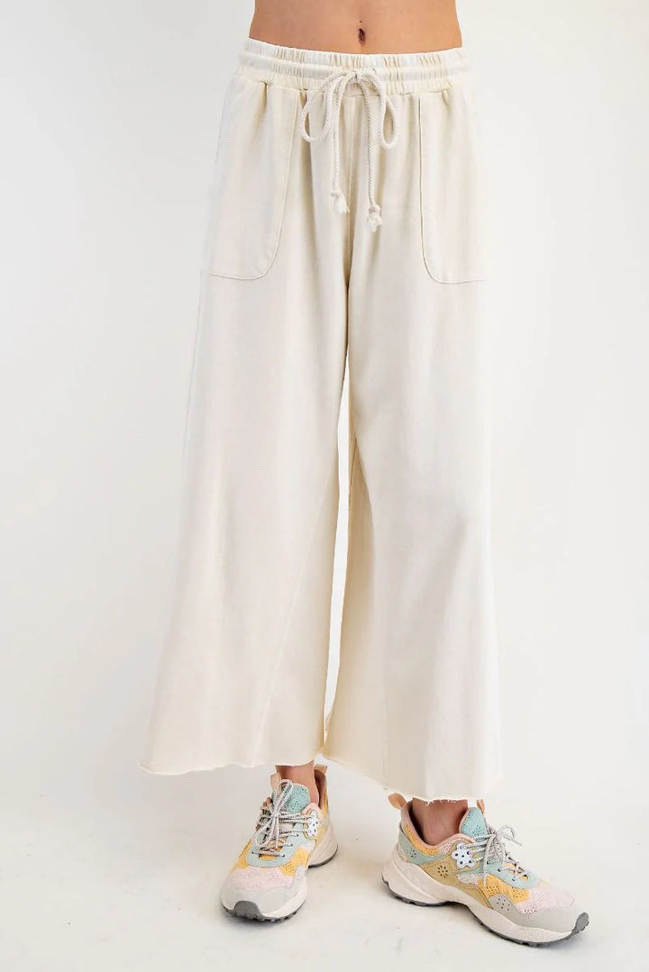 Women's mineral washed ecru terry knit wide leg cropped pants by Easel