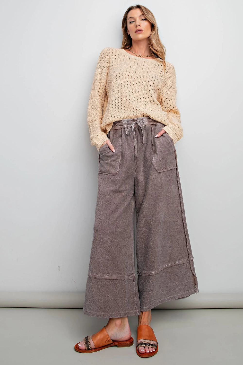 Women's washed espresso terry knit textured wide leg cropped pants by Easel showing full front view