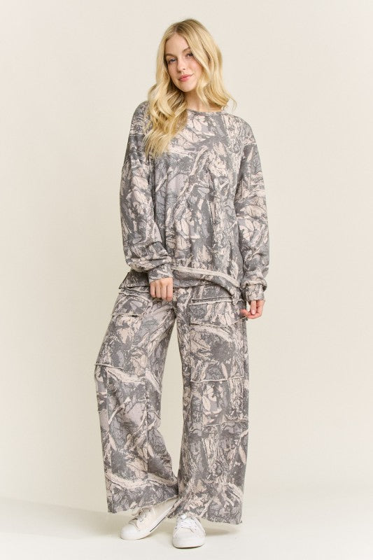 Women&#39;s washed hunter green terry knit sweatshirt top in tree camo print by j.her showing full front view