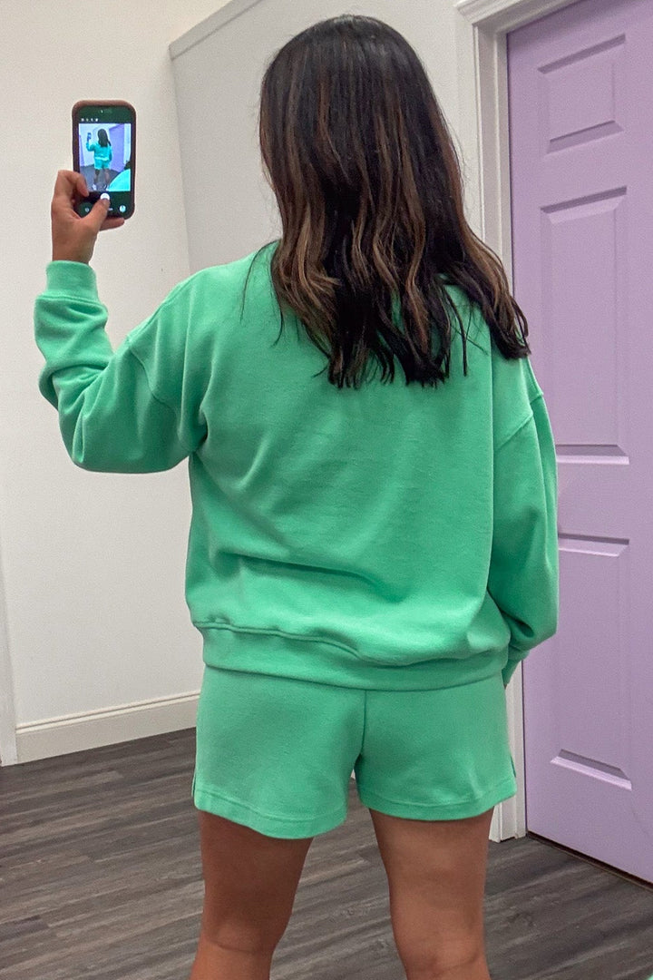 solid washed green banded hem pullover top and shorts matching knit loungewear set