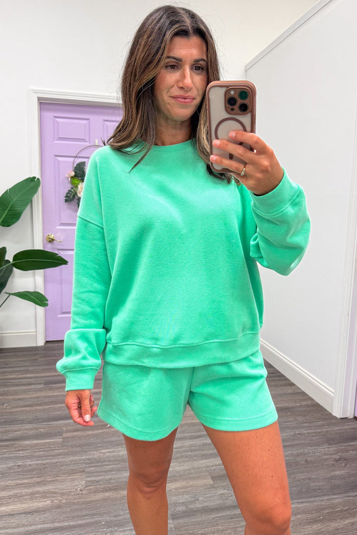 solid washed green crew neckline pullover top and shorts matching knit loungewear set