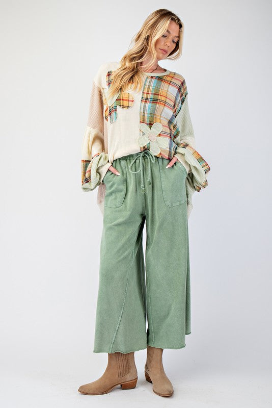 Women's mineral washed juniper green terry knit wide leg cropped pants by Easel showing full front view