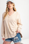 Easel Mineral washed oatmeal french terry knit pullover top with raw seam details