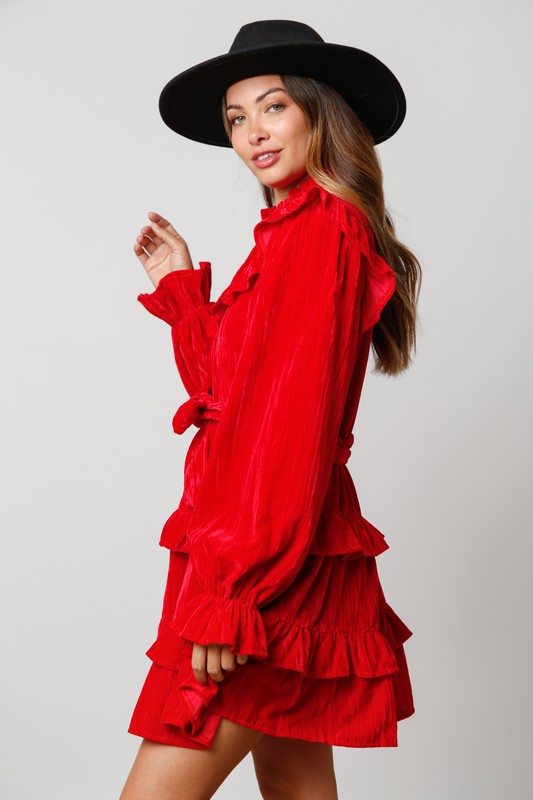 Fantastic Fawn Washed red velvet ruffle tiered dress with belted waist