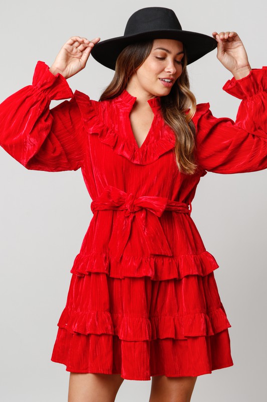 Fantastic Fawn Washed red velvet ruffle tiered dress with belted waist