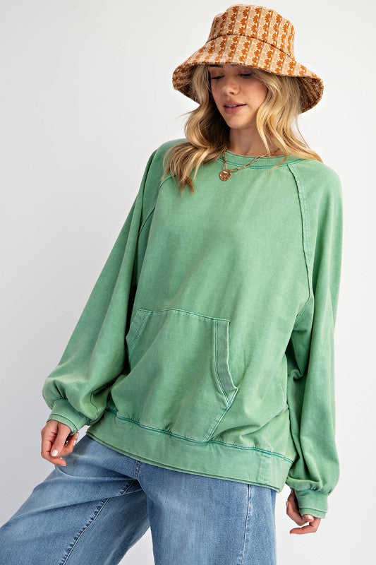 Easel Mineral washed sage green terry knit pullover top with raw seam details