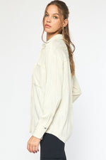 Entro Cream button down top with monochromatic textured wave pattern